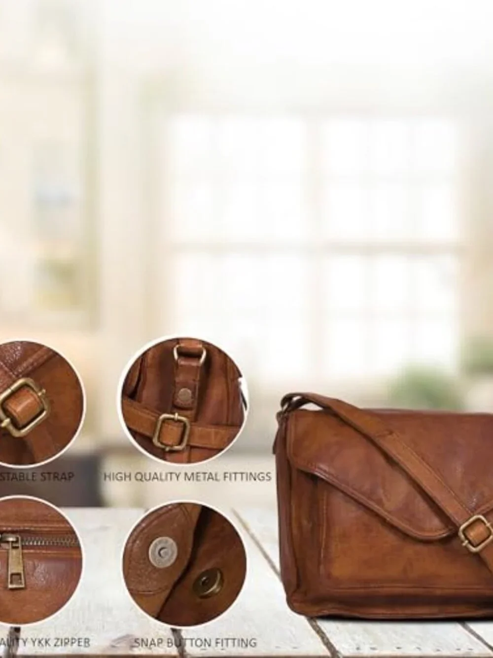 Genuine Leather Crossbody Handbag with Adjustable Strap and Overflap Snap